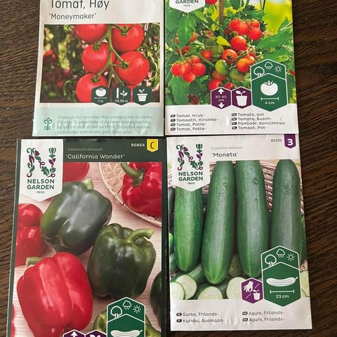 Se her! Kraftige  planter av mellomstore, små tomater, paprika, og agurk.