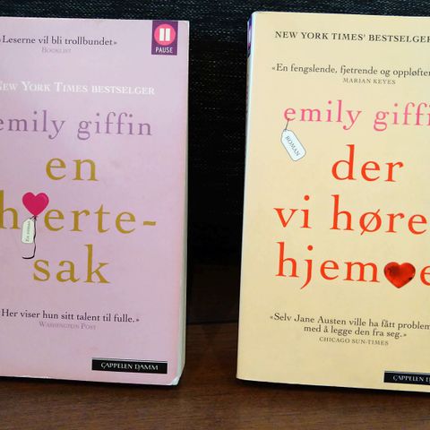 Emily Giffin bøker  "En hjertesak" og "Der vi hører hjemme"