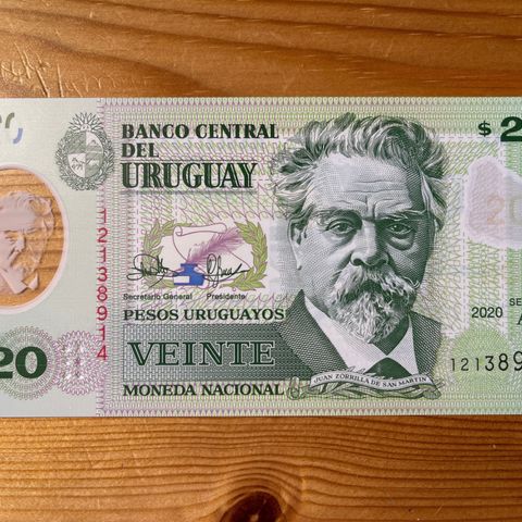 Uruguay 20 $. Polymer. UNC. Utgitt 2020 serie A