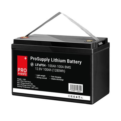 ProSupply Lithium 12V LiFePO4 batteri 100Ah 100A BMS - Nyhet