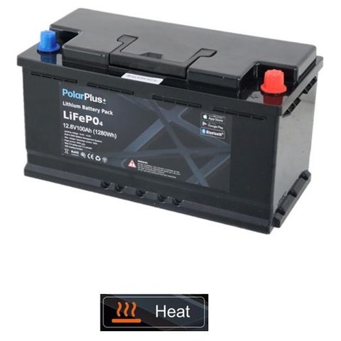 12V 100Ah Litium (LiFeP04) BMS 100A/100A med automatisk oppvarming (bobil)