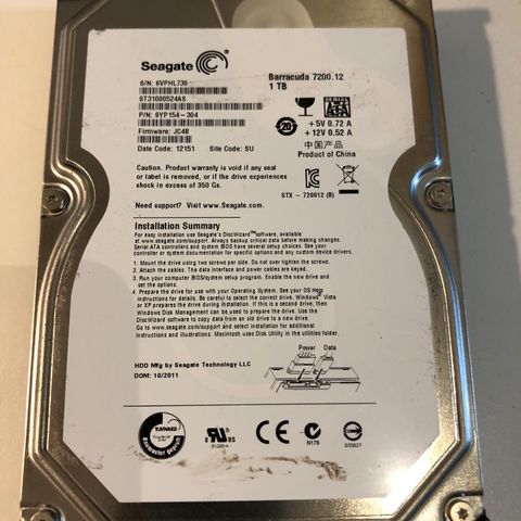 1TB Sjøport Harddisk med Barracuda-"fare" 7200.2 ST31000524AS