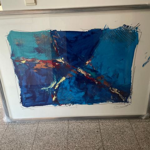 Stort litografi i blått 105 x 145 cm