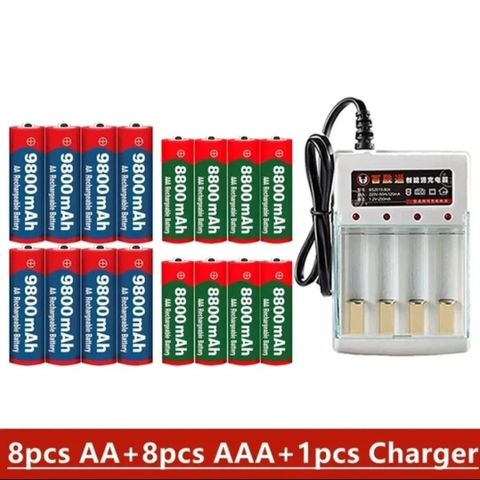 Batterilader INKLUDERT 8 stk. AA OG 8 stk. AAA oppladbare batterier