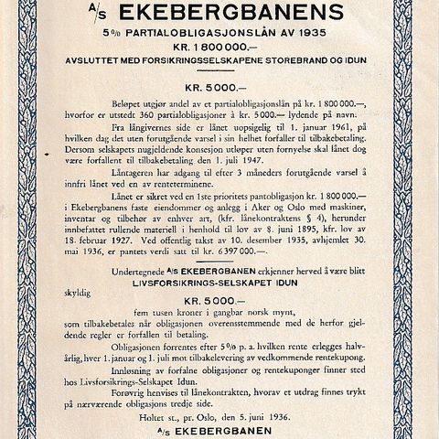 EKEBERGBANEN  A/S  - OBLIGASJONSLÅN   1935