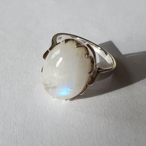 Rainbow Månestein Moonstone 10ct Sølv 925 Silver Limited Edition Ring Str.54