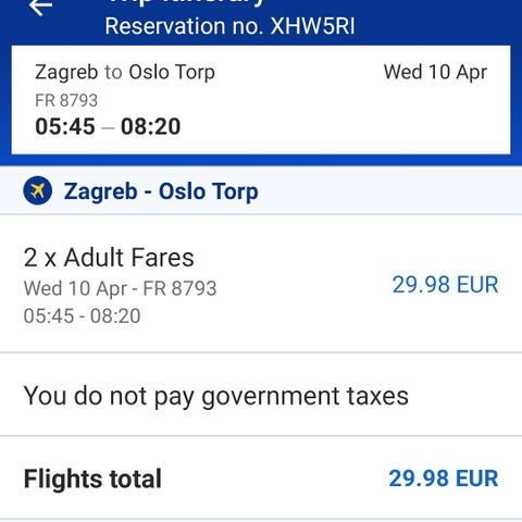 2Billetter fly Kroatia Zagreb til Torp Oslo Sandefjord Ryanair