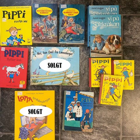 Mange fine barnebøker av Astrid Lindgren.