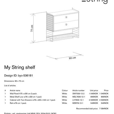 String hylle hvite moduler - 2pk veggavl 75x30 - Skuffeseksjon - metallhylle