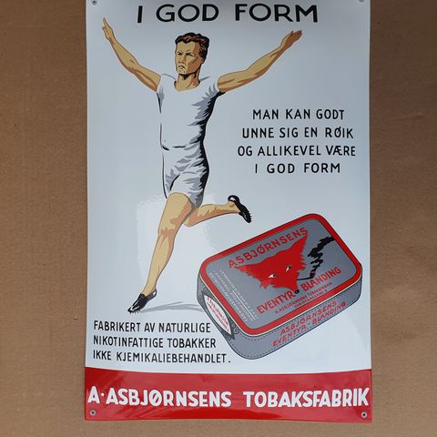 ASBJØRNSEN TOBAKSFABRIK. EMALJESKILT. SKILT. EMALJE SKILT. REPRO. ASBJØRNSEN.