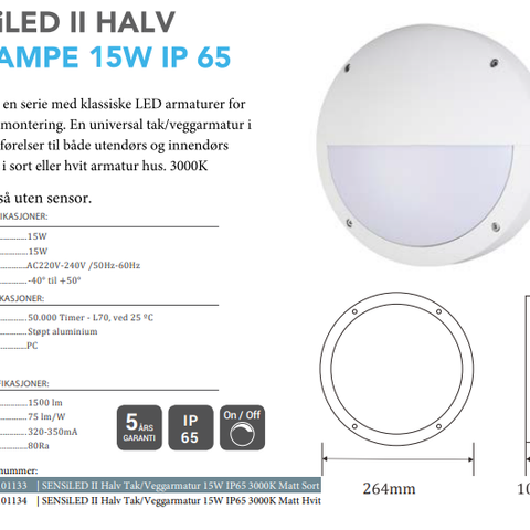 Tak/Vegglampe SENSi II LED 20W IP65 Matt Sort - Helt ny