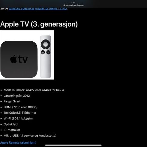 Apple TV A1469 2012 uten kontroll