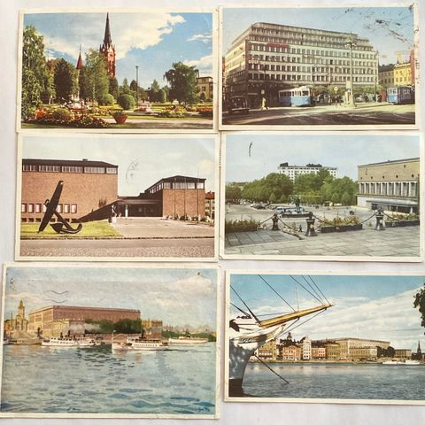 Gamle postkort 6. stk. 1950-tallet retro vintage med frimerker