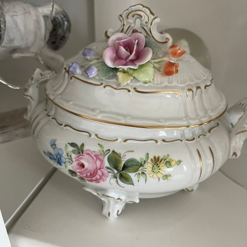 Von Schierholz Plaue 1817 hånddekorert porselen tureen/bolle med lokk 1973-80