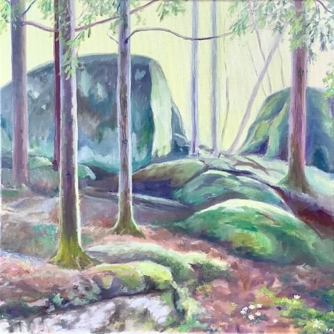 Oljemaleri. 40x40 cm. «Vår i skogen. Feda.»