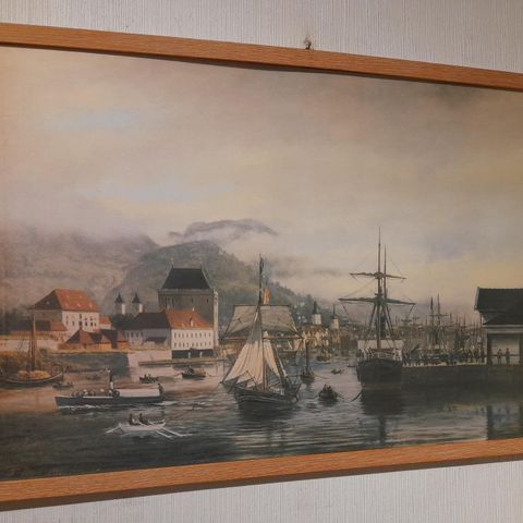 Theodor Søvig (Fana,1842-1892),"Vågen i Bergen, 1880", gammelt trykk av maleri
