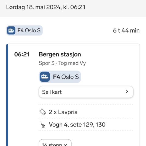 2 Togbilletter Bergen-Oslo