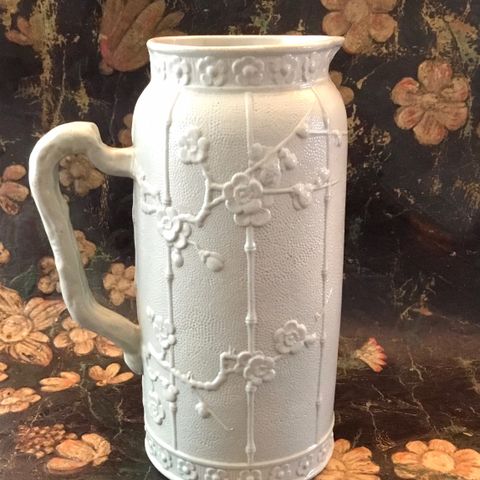 Antikk jug-mugge/saltglaze/cherry blomssom-bamboo/grå-grønn 1877 England