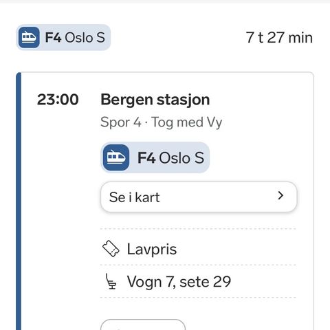 Togbilett Bergen -Oslo onsdag 17.04 (natttog)