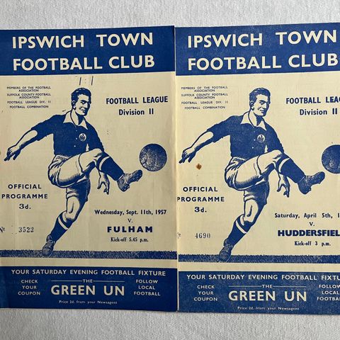2 stk Ipswich Town programmer fra sesongen 1957-58