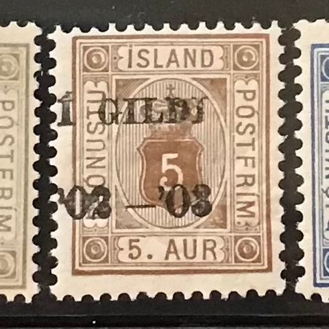 Island tjenestemerker, afa tj. 10B, 11, 12B, 13B, 15B **, 5 pene Postfriske 1902