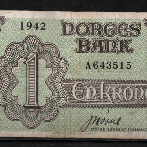 Sjelden 1 Krone London 1942 - Litra A