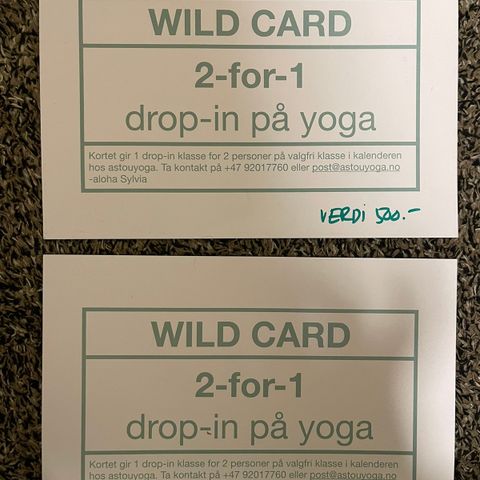 YOGA kort verdi 500/-kr per kort for 2 gange 4 personer ( selger 2 for 1 )