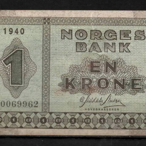 Flott Gammel 1 Krone 1940 - Litra A med lavt serie nummer - Kvalitet 1+!