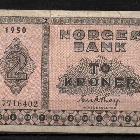 Pen Gammel 2 Krone Seddel 1950 - Litra G!