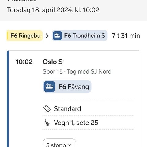 togbillett t/r Oslo-Trondheim 18. - 21.4