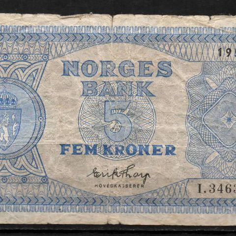 Gammel Norsk 5 Krone Seddel 1952 - Litra I!
