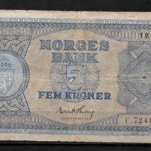 Gammel Norsk 5 Krone Seddel 1947 - Litra C!