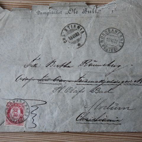 NORGE - brev sendt med Dampskibet =Ole Bull=  1883 - kr 50