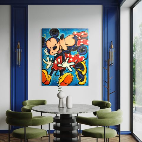 Originalt maleri på lerret: Mickey Mouse/Minnie Mouse (Disney), 81x100cm
