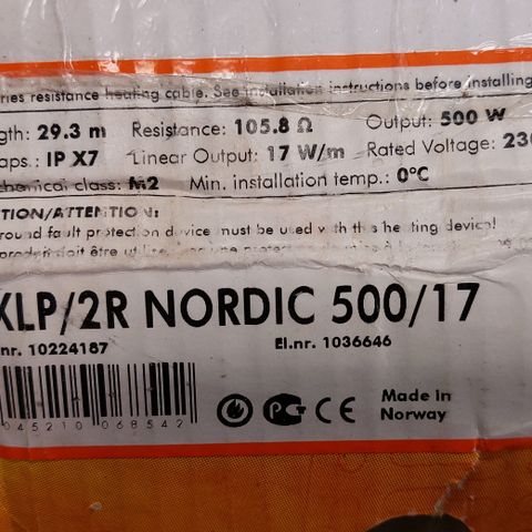 2 stykk varmekabler TXLP/2R NORDIC 500/17