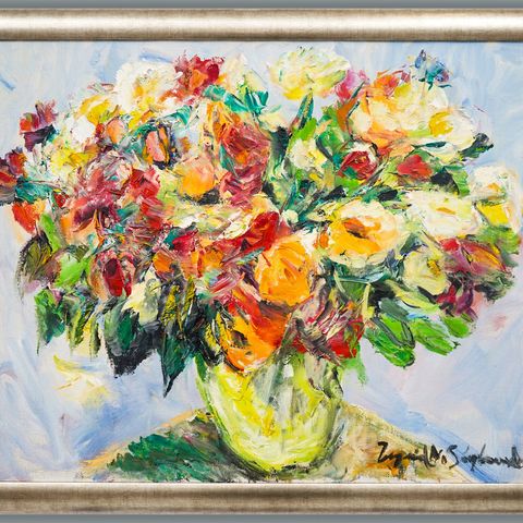 INGRID N. SØYLAND - «Blomsterflor» Stort oljemaleri 75 x 91 cm • NY INNRAMMING