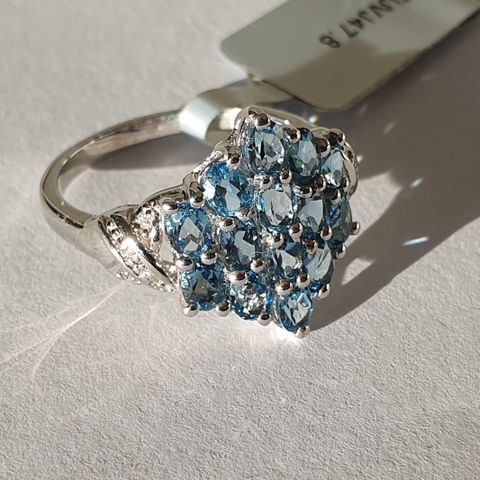 Electric Blue Topaz & Diamonds Diamanter Sølv 925 Silver Limited Ed Ring Str.57