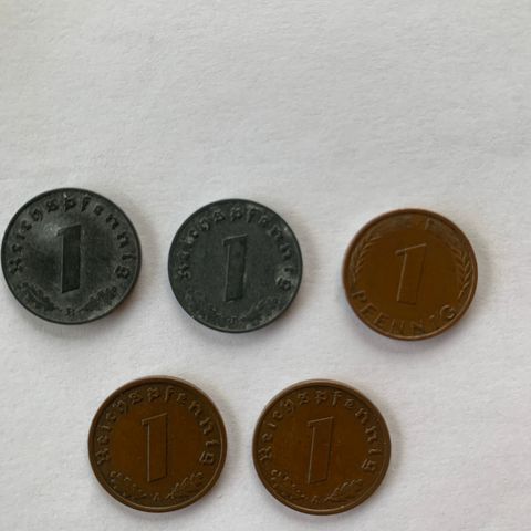 5 stk tyske 1 pfennig selges samlet