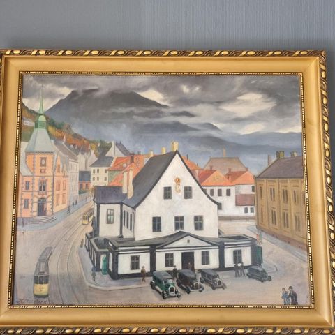 Ekte maleri av Bergen gamle Rådhus. Malt av H. Askeland.i 1929. 3700