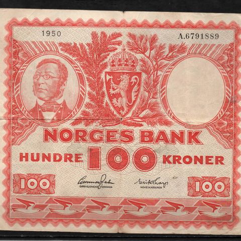 Gammel Norsk 100 Kroner seddel 1950 - Litra A