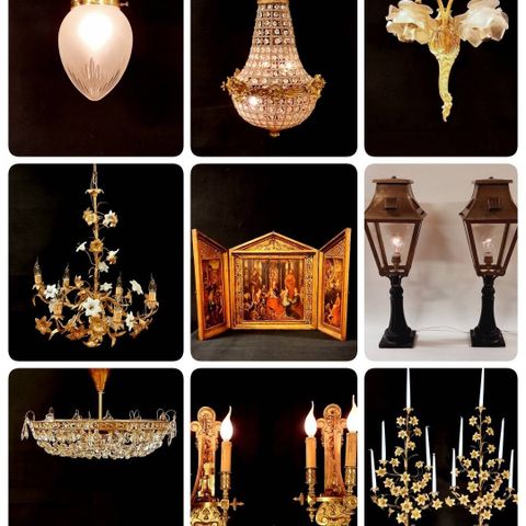Antikke, franske lysekroner, kirkelys, kirketavle, lamper, utelampe