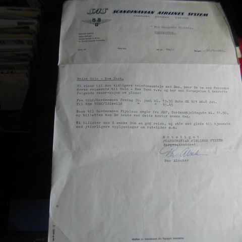 Brev fra SAS region norge  1961 bestilling av bilett oslo  New York