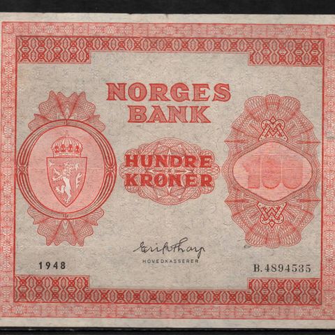 Flott Gammel Norsk 100 Kroner seddel 1948 - Litra B