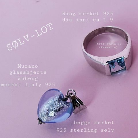 Liten sølv-lot, 925 sterling sølv, ring og Murano-hjerte, lyseblå
