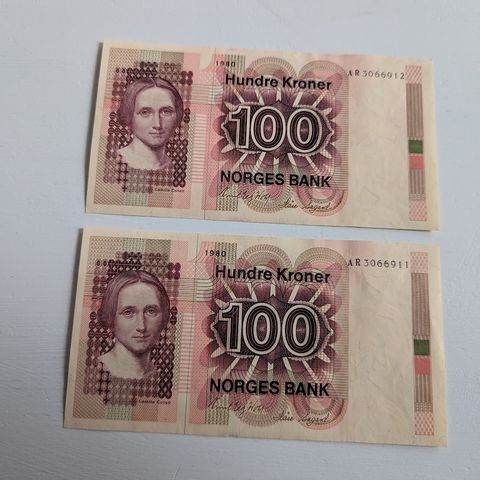2x 100 kroner sedler 1980 (SERIE) Camilla Collett