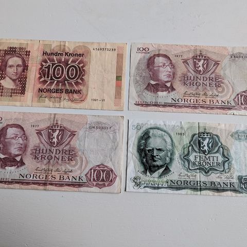 3x 100 kroner sedler, 1x 50 kr 1983 seddel