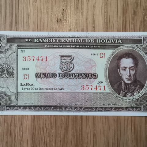 Bolivia 5 bolivianos, 1945, UNC