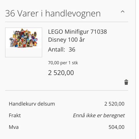 36x LEGO Minifigur 71038 Disney 100 år - full uåpnet eske (displayboks)