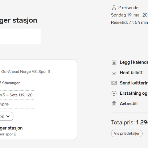 To togbilletter 19 mai kl. 11:25 Oslo S - Stavanger stasjon
