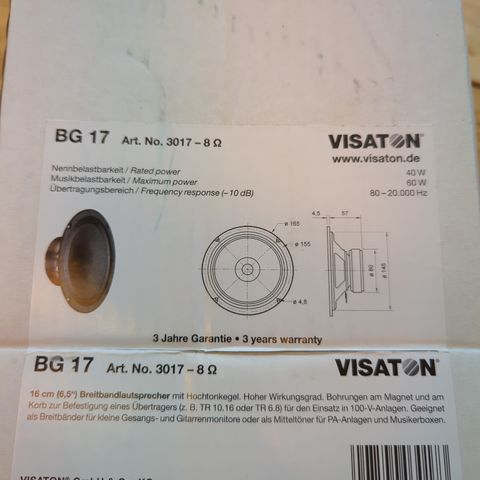 2 stk Visaton BG 17 8 Ohm høyttaler